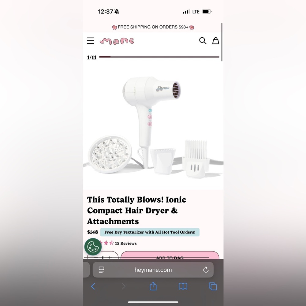 White Mane Ionic Compact Hair Dryer with Attachments